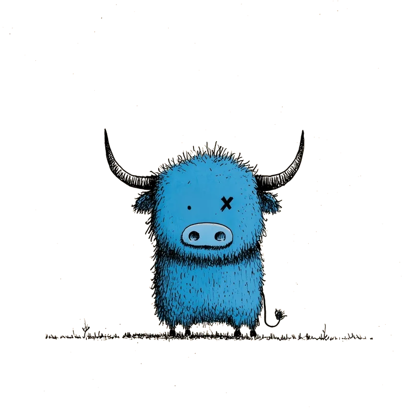 The 0xMode ox — the studio's hand-drawn blue highland ox, with an X for one eye